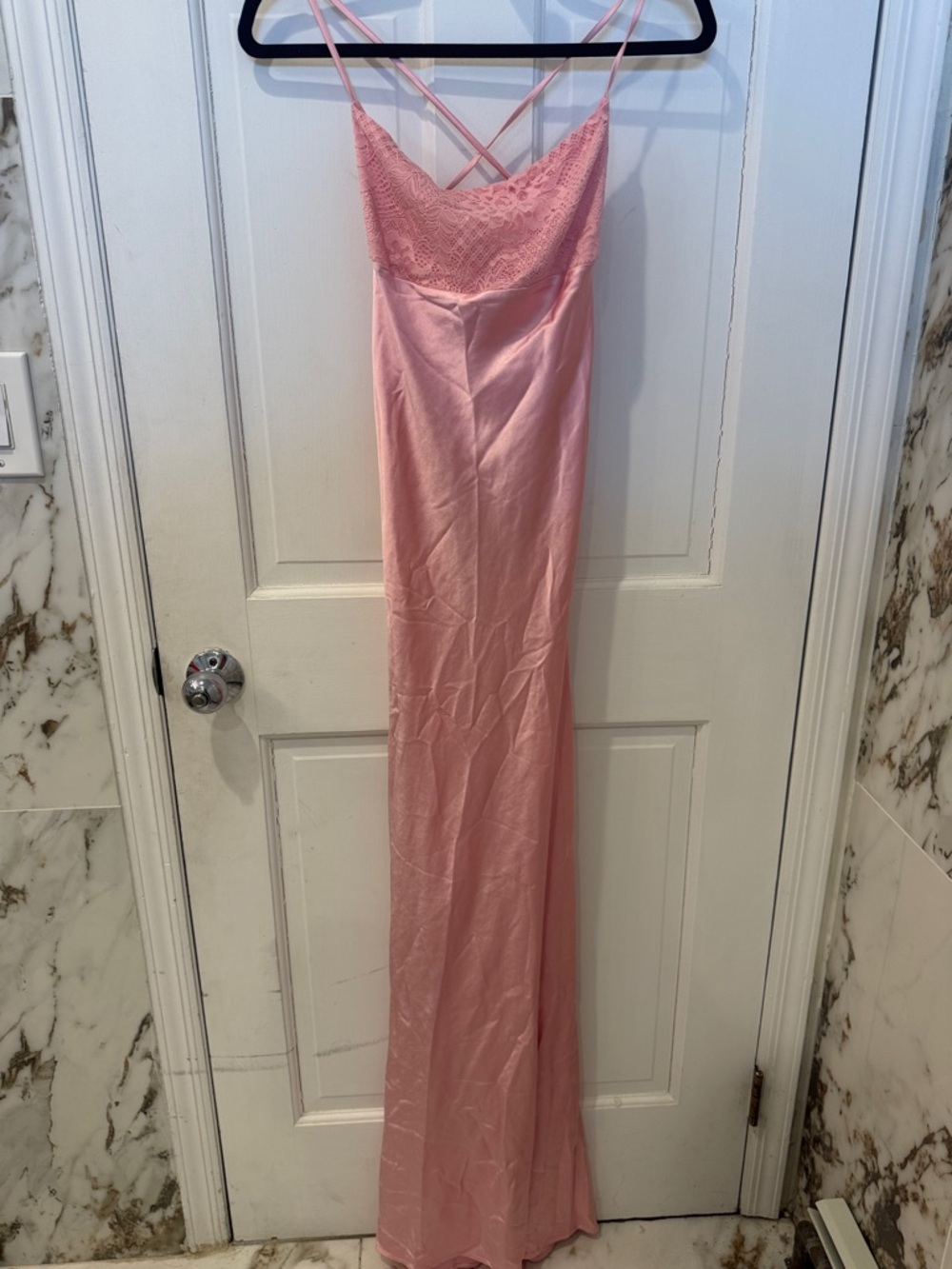 Silky Light Pink Slip Dress with Lace Bodice